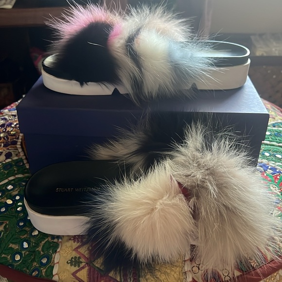 Stuart Weitzman Sublime REAL Multi-Color Fox Fur Sandals Slides Flats Slippers - Picture 15 of 16